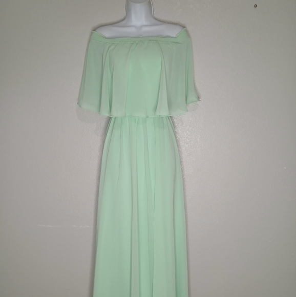 NWT JJs Housr Mint Green Off-Shoulder Chiffon Flowy Maxi Dress Long Gown Size XS - Picture 9 of 10